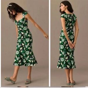 Anthropologie Cecily Fit & Flare Sweetheart Midi Dress Green Floral Cap Sleeve M